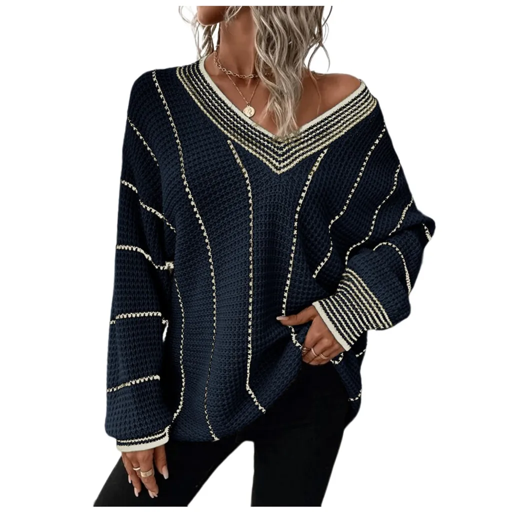 Autumn And Winter Knitted V-neck Striped Sweater - Blue