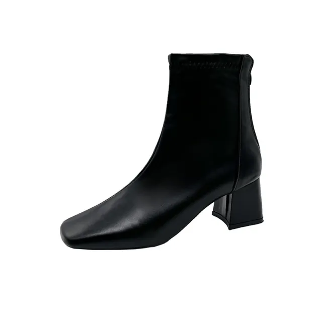 European And American Style Square Toe Back Zip Short Boots Chunky Heel Black - Shop at LoveMi