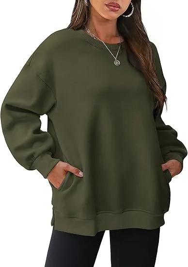 Women's Round Neck Pullover Oversized Loose Velvet Long Sleeve Sweatshirt Green - Shop at LoveMi