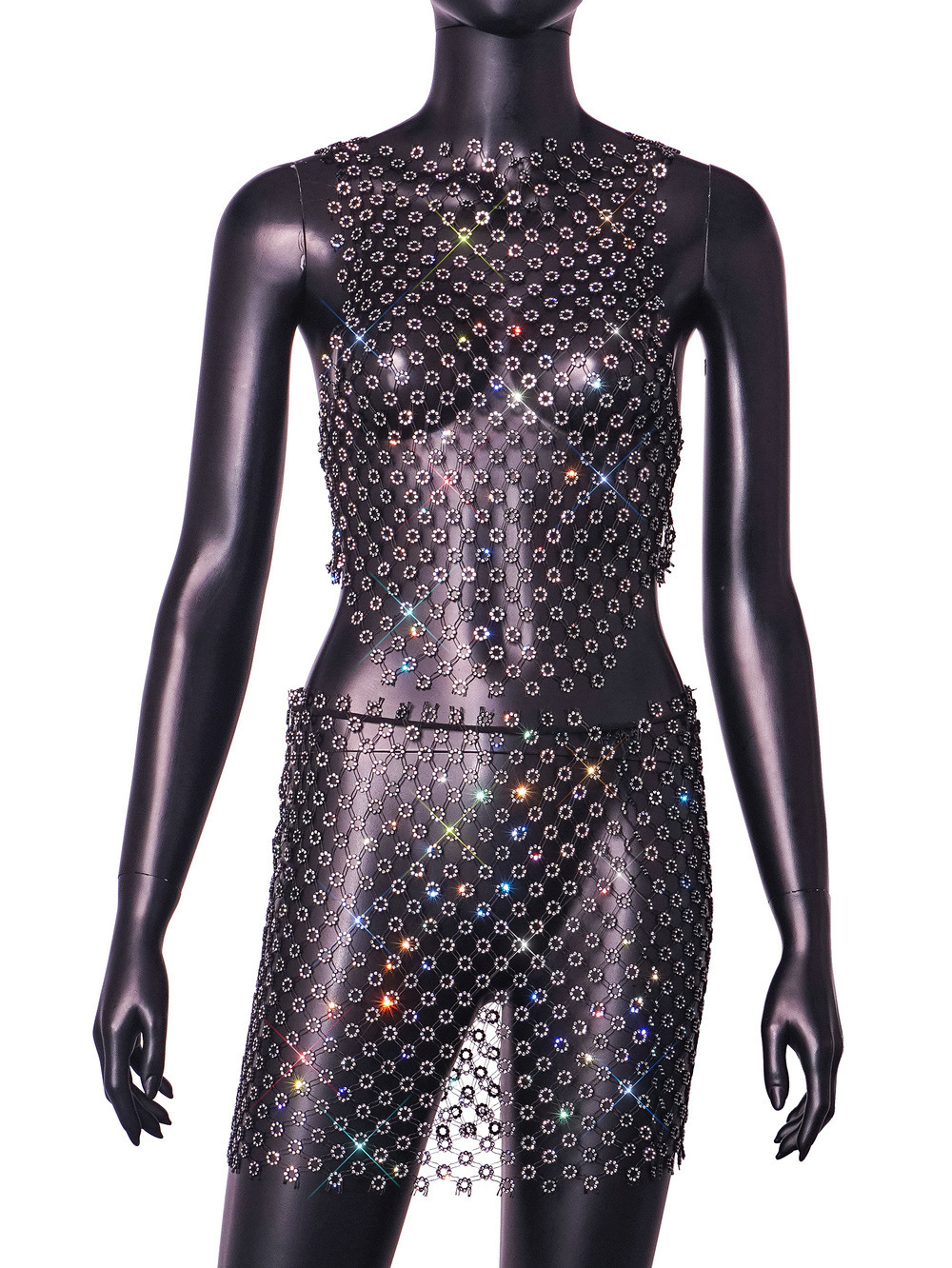Women's Sexy Hollow Out See through Mesh Rhinestone Suit Skirt Top - Shop at LoveMi