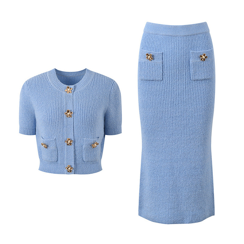 Round Neck Slim-fit Knitted Short Sleeve Cardigan Top Hip Skirt Fashion Suit Women