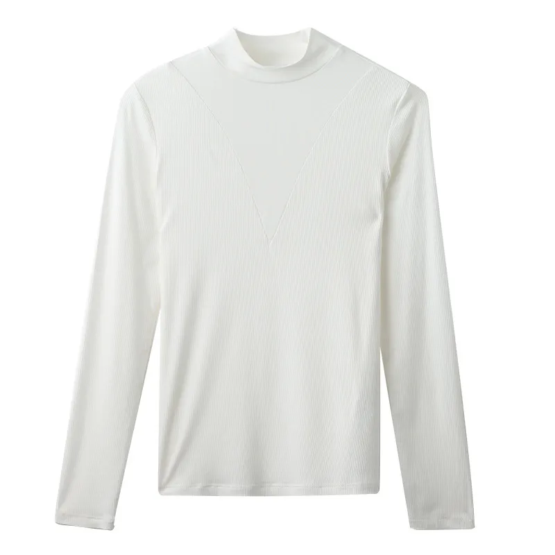 Patchwork Half-high Collar Long Sleeves T-shirt Women's Bottoming Shirt - White