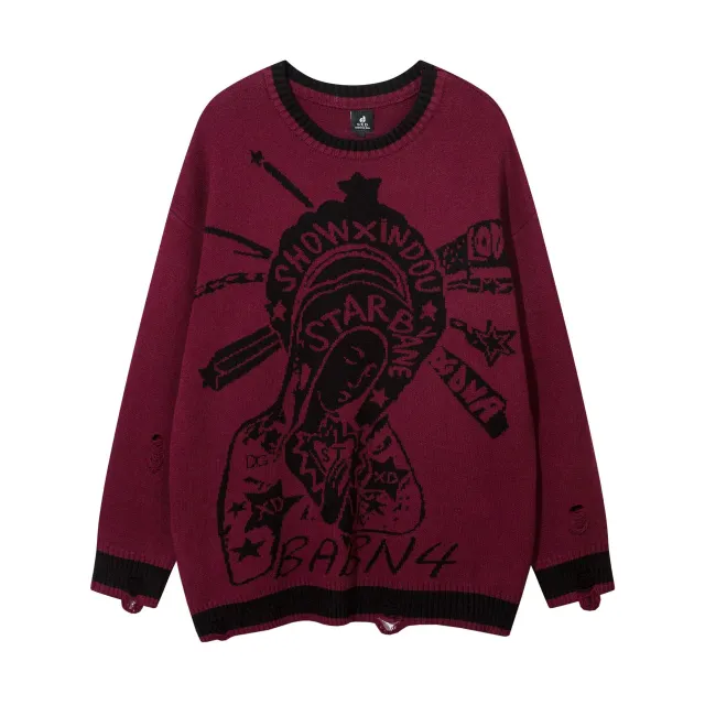 American Style Round Neck Sweater Purplish Red - Shop at LoveMi