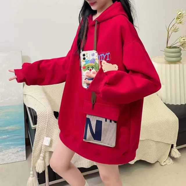 Bear Hooded Sweater Women's Mid length Red - Shop at LoveMi