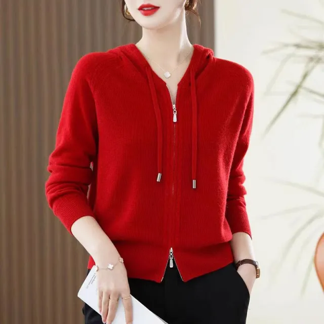 Lapel Knitted Cardigan Coat Ladies Hooded Loose Sweater Red - Shop at LoveMi