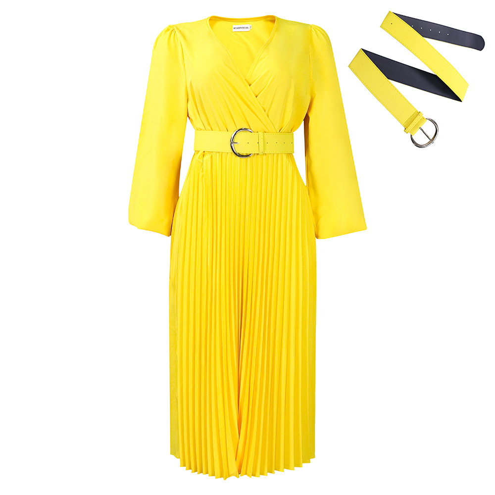Long Sleeve V neck Pleated Midi Dress Yellow Belt - Shop at LoveMi