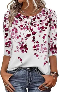 Printed 34 Sleeves Button Women's T-shirt - Magenta - View 1