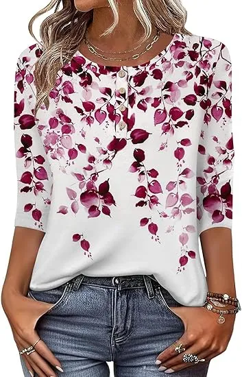 Printed 34 Sleeves Button Women's T shirt Magenta - Shop at LoveMi