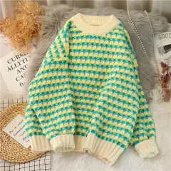 Soft Glutinous Plaid Autumn And Winter Coarse Yarn Sweater Loose - Green - View 1