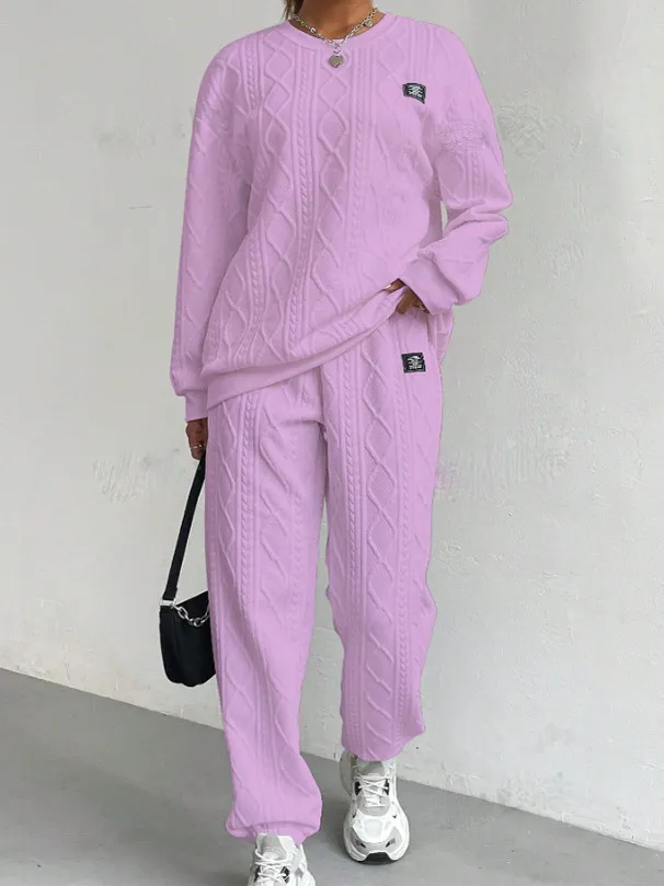 Women's Jacquard Long Sleeve Casual Round Neck Sweater Trousers Suit Violet S - Shop at LoveMi