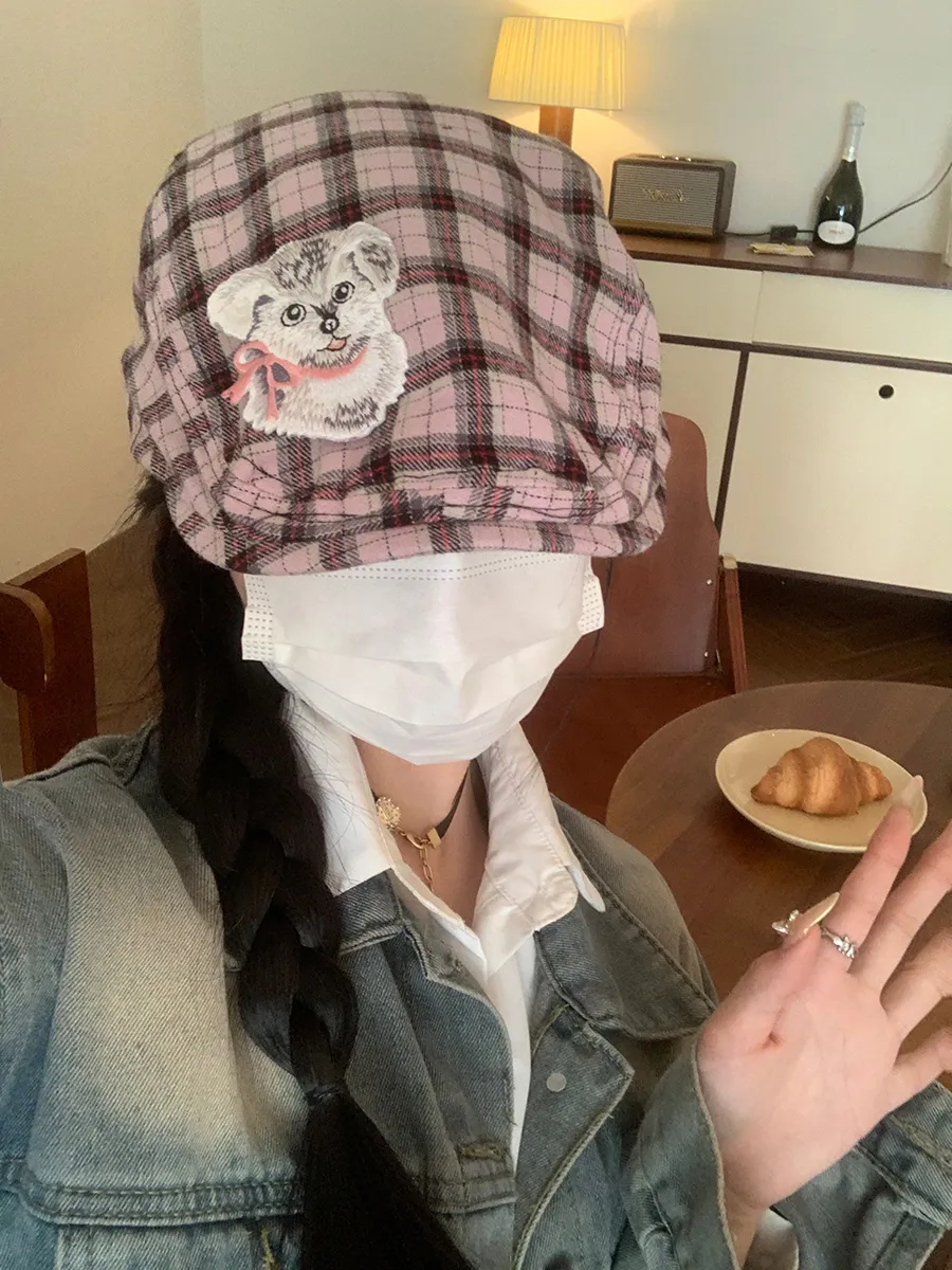 Y2g Japanese Plaid Sweet Girl Puppy Embroidery Advance Hats - Pink