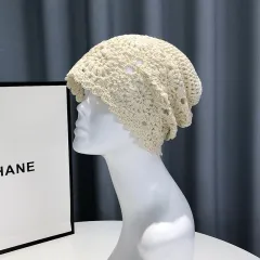 Handmade Crochet Baotou Hollow Wool Sweet Art Knitted Thin Section Pile Heap Cap - Beige - View 1