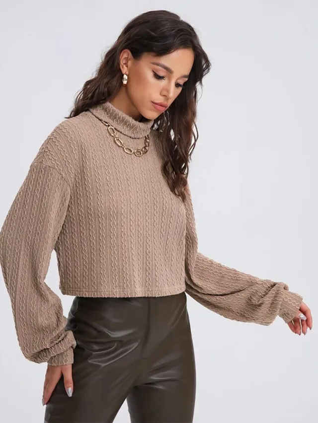 High Collar Long Sleeve Knitted Solid Loose Sweater For Women Khaki - Shop at LoveMi