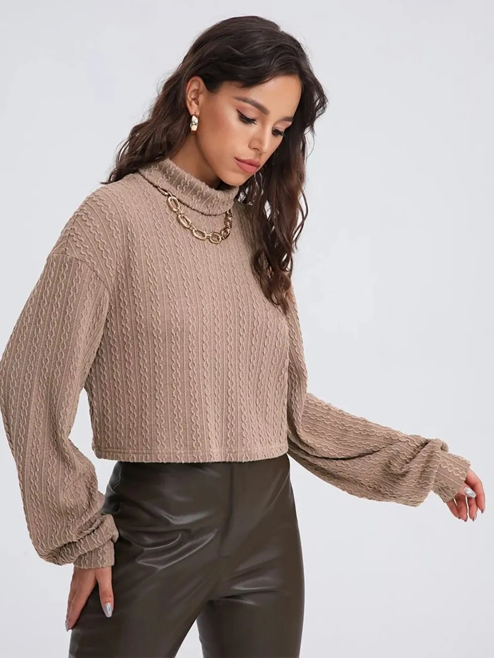 High Collar Long Sleeve Knitted Solid Loose Sweater For Women - Khaki