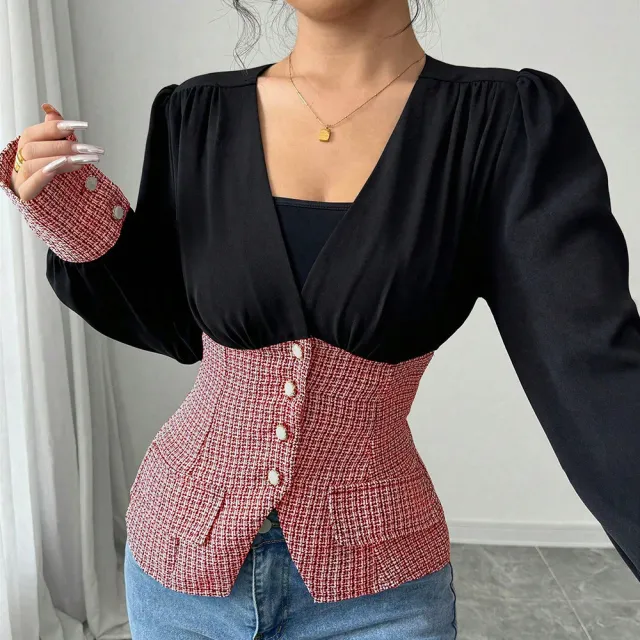 Knitted Tweed Halter V neck Open back Waist cinching Red - Shop at LoveMi