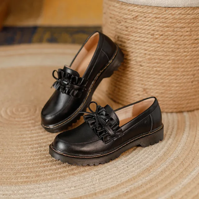 British Style Round Head Chunky Heel Small Leather Shoes For Women Black - Shop at LoveMi