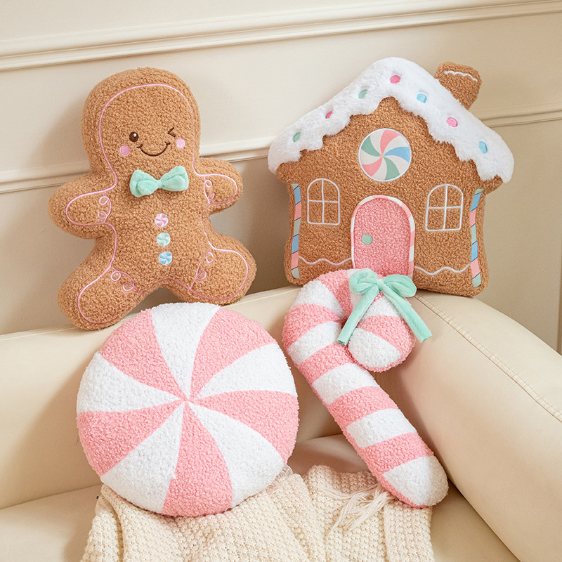 Pernă de pluș din seria Crăciunului - Snow House Gingerbread Man Candy Cane Soft Cushion Pernă decorativă pentru decorarea casei de vacanță