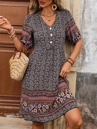 Flower Print Puff Sleeve Button Bohemian Style Dress Dark Red - Shop at LoveMi