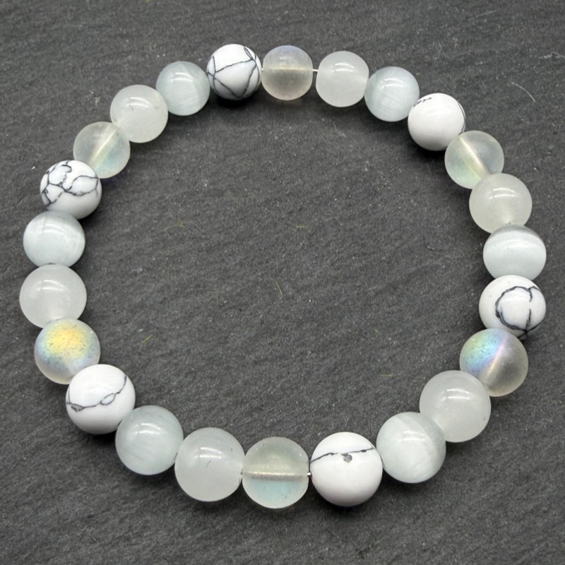 Electroplated Matte Bead Bracelet In White Jade Look