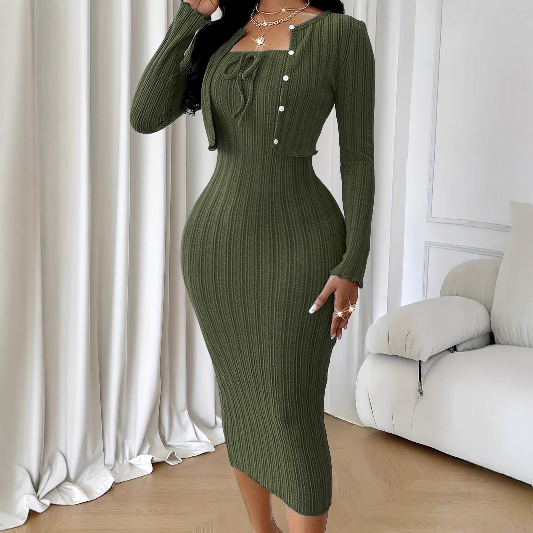 Women's Solid-Color French-Style Slim-Fit Knitted Dress Set - Image 7