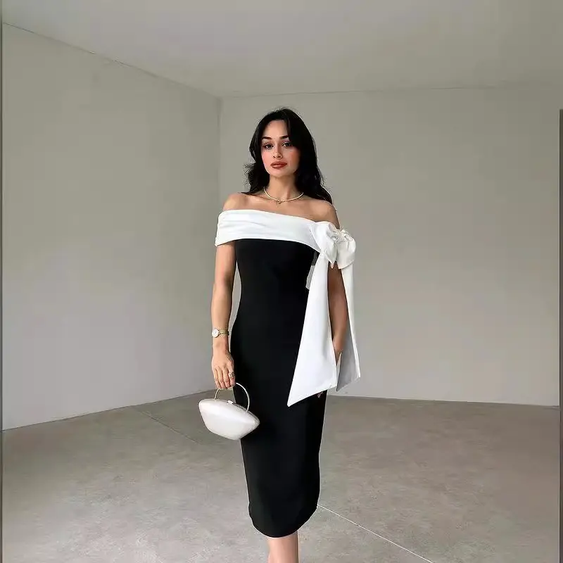 Women's Off-shoulder Bow Black And White Color