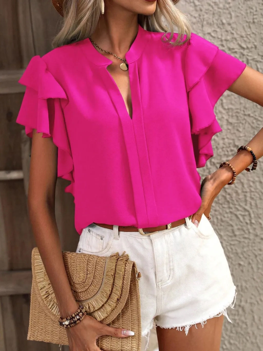Casual Summer V-neck Solid Color Shirt Top - Rose Red