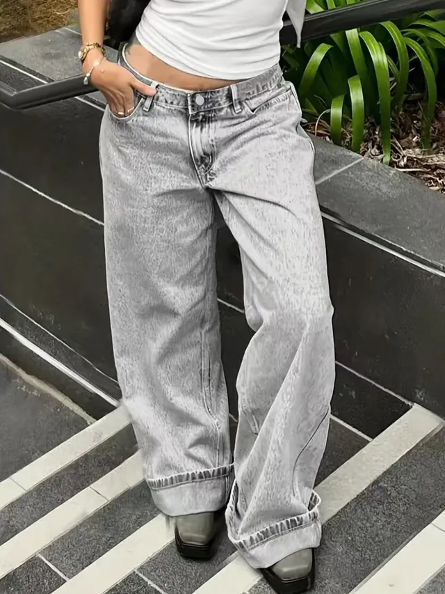 Loose Casual Straight leg Jeans With Side Pockets For Women Gray - Shop at LoveMi