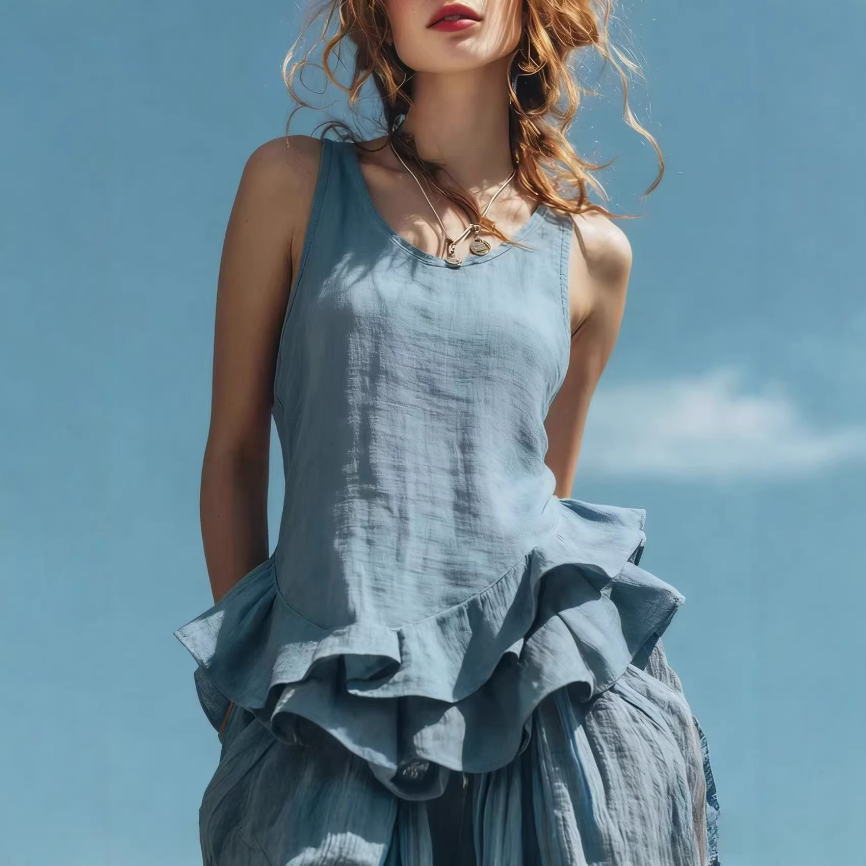 Casual Fashion Sleeveless Top With A Ruffled Hem 3