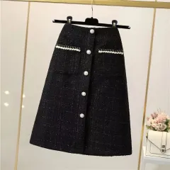 High Waist A- Line Bag Tweed Slimming Mid-length Dress Skirt - Long Black - View 1