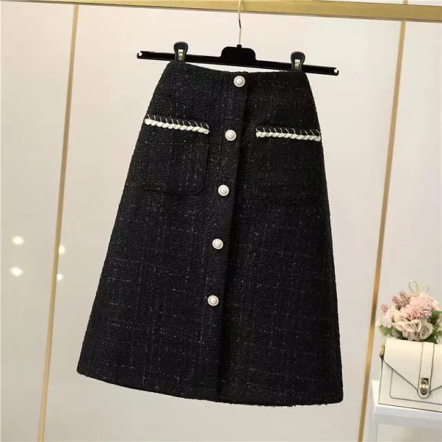 High Waist A Line Bag Tweed Slimming Mid length Dress Skirt Long Black - Shop at LoveMi