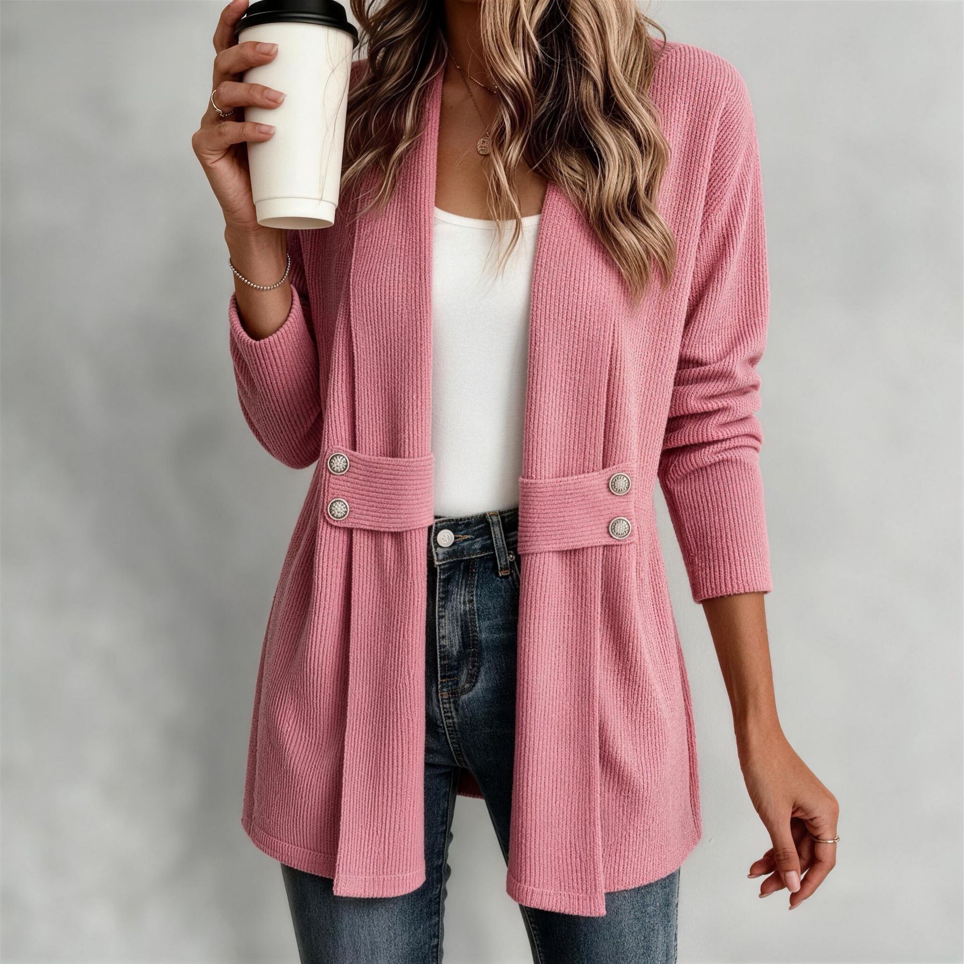 Women's knitted jacket – pink colorway loose fit full outfit view