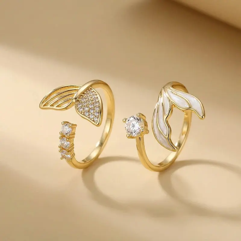 Golden Fish-tail Open Ring Inlaid