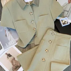 Casual Fashionable Stylish Retro Temperament Skirt Two-piece Set - Green Suit - View 1