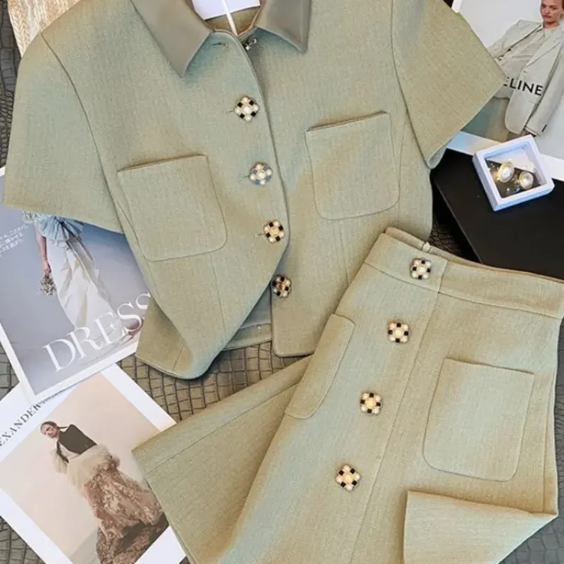 Casual Fashionable Stylish Retro Temperament Skirt Two-piece Set - Green Suit