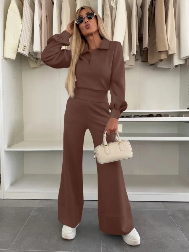 Long Sleeve Top Elastic Wide Leg Pants Two piece Set Brown - Shop at LoveMi