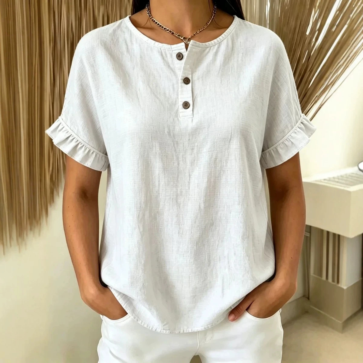 Womens Cotton-Linen Ruffle-Trimmed Button-Up Short-Sleeve Top