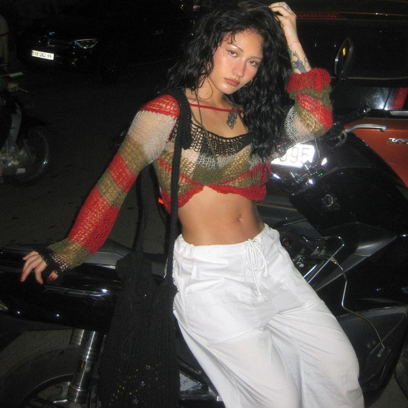 Hollow Short Backless Loose Pullover Multicolor Striped Long Sleeve Sweater