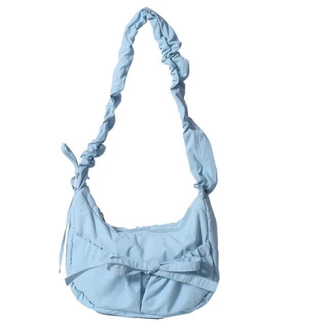 Temperament Wild Nylon Pleated Bow Girls' One shoulder Bag Blue - Shop at LoveMi