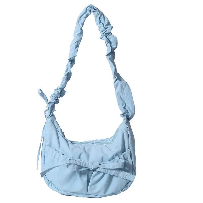 Temperament Wild Nylon Pleated Bow Girls' One-shoulder Bag - Blue