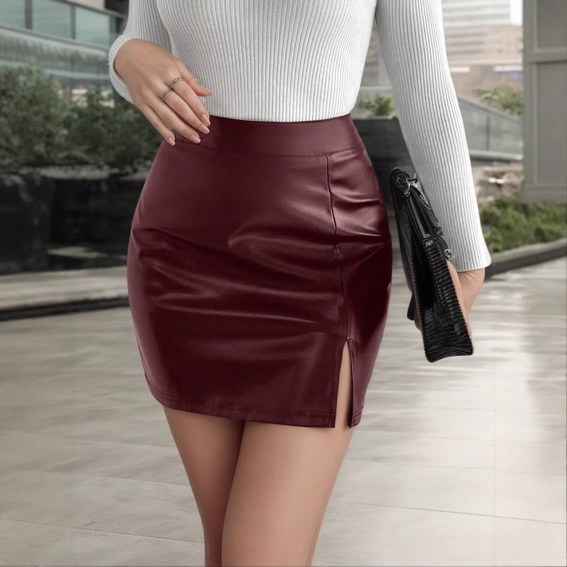 Solid-color Slit Mini A-line High-waist PU Leather