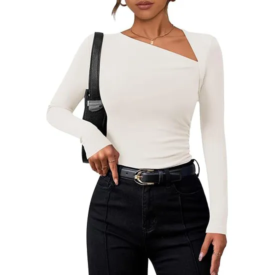 Women's Long sleeved Diagonal Collar T shirt White - Shop at LoveMi