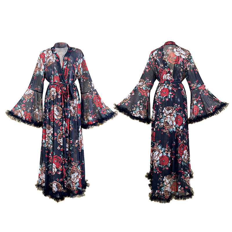 Vintage Floral Sheer Long-sleeve V-neck Home Robe With Raw-edge Detailing And A Tie-waist Design