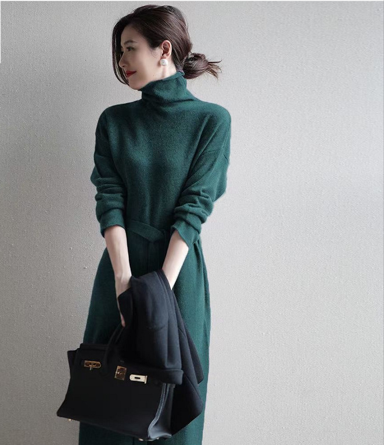 French Style Long Sleeve Turtleneck Knitting Bottoming Dress Green - Shop at LoveMi