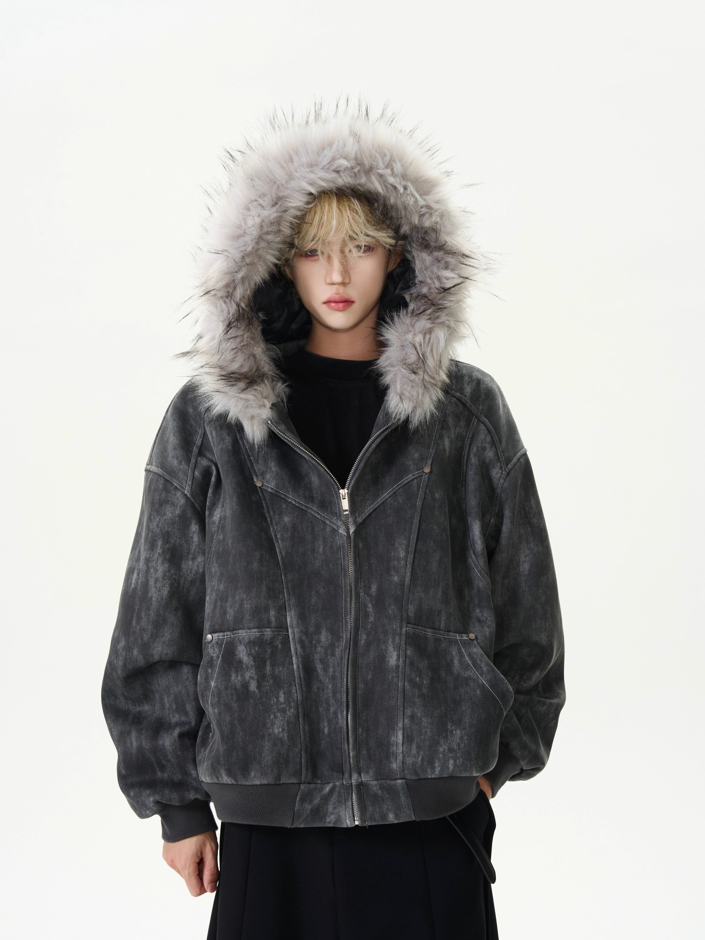 Men's Vintage Wash Suede-Touch Oversized Jacket with Plush Fur Hood