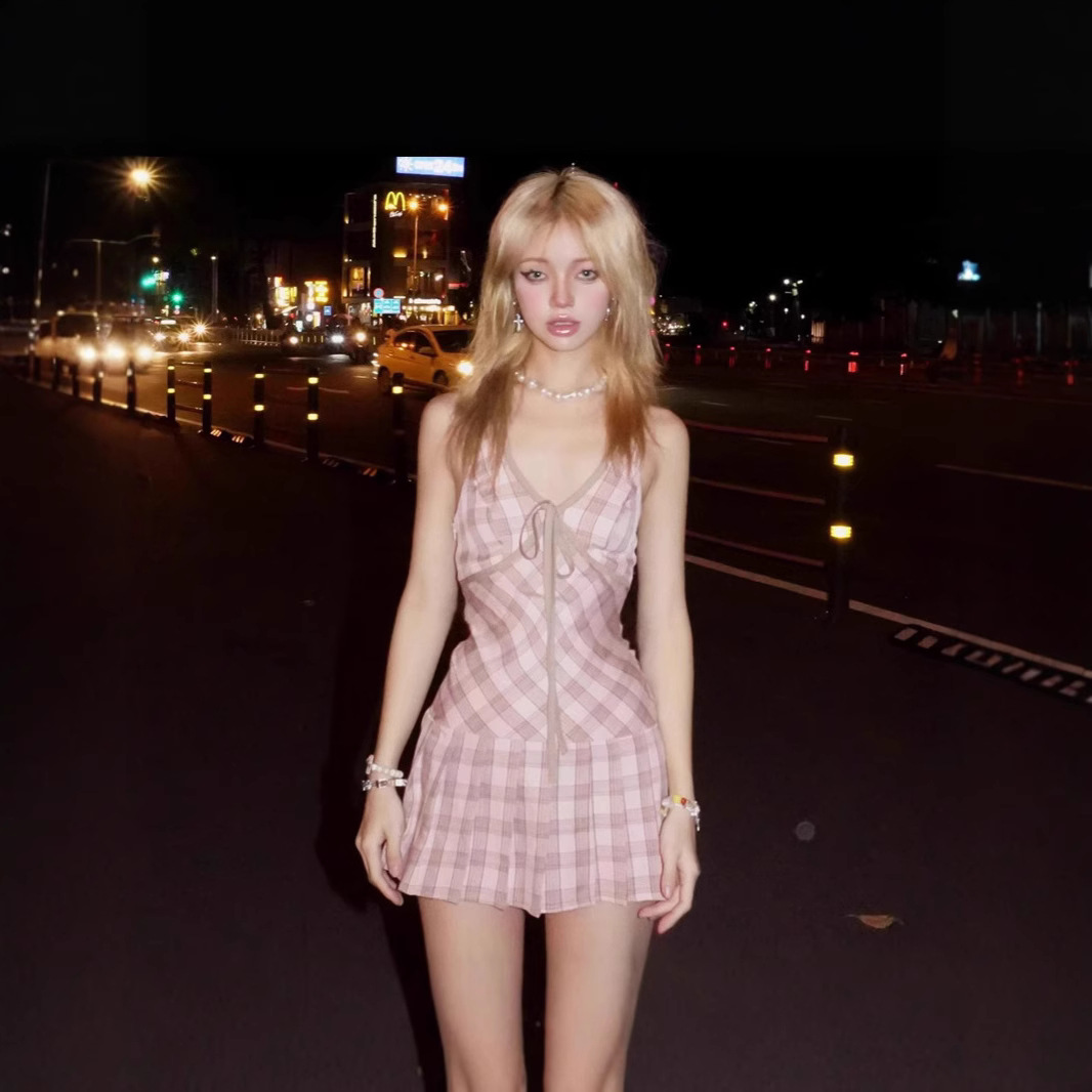 Fashionable Sweet And Spicy V-neck Strappy Color-blocking Checkered Halter-neck Dress