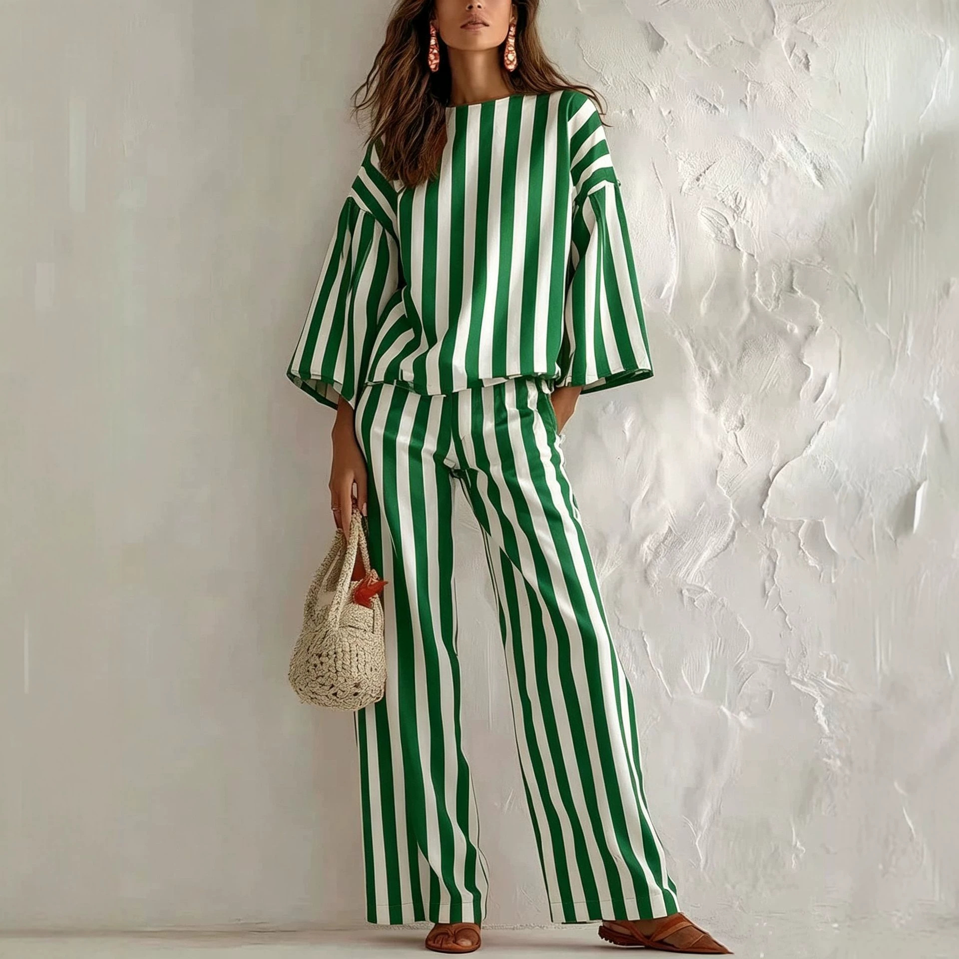 Western-style Womens Striped Set With Three-quarter-length Sleeves And A Relaxed Fit