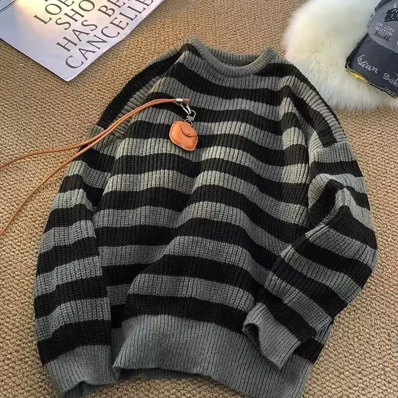 Mens Stylish Versatile Striped Loose-fit Crew-neck Sweater