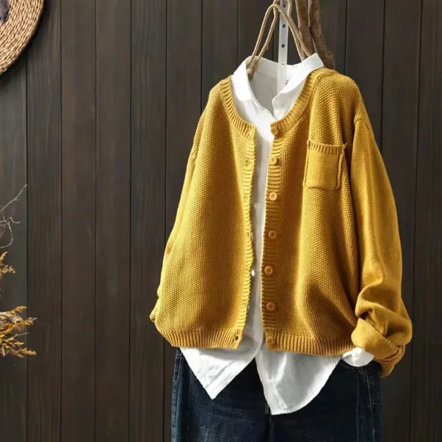 Women's Knitted Cardigan Coat Retro Loose Casual Sweater Yellow - Shop at LoveMi