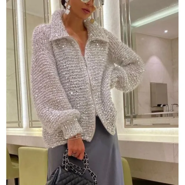 Western Classy Style Fashion Sequin Design Knitwear Coat Solid Color White - Shop at LoveMi