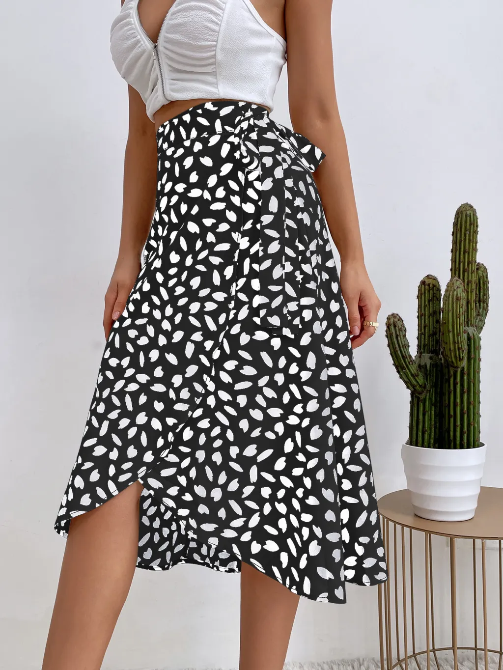 Elegant Polka Dot Print Ladies' Dress - Black And White
